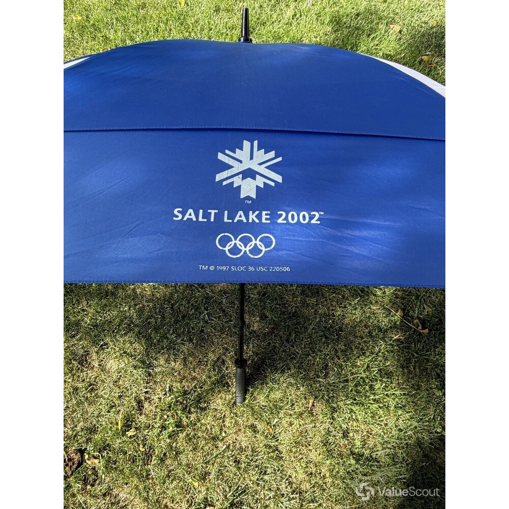 Vintage 2002 Salt Lake Olympics Umbrella ShedRain Qwest USA Olympic Rings Blue